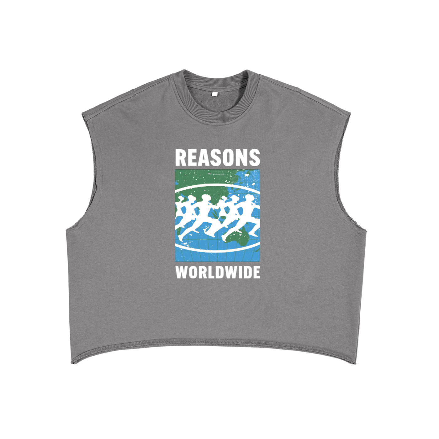 Gray sleeveless shirt with graphic design and text on a white background